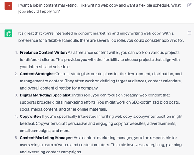 picture of ChatGPT prompt for finding a content marketing career path; 7 Benefits of Using ChatGPT to Land Your Next Job